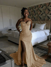 Glitter Strapless Mermaid Sequined Long Prom Dress with Slit