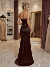 Burgundy Satin Corset Rhinestone Trim Floor-Length Prom Dress with Thigh Slit