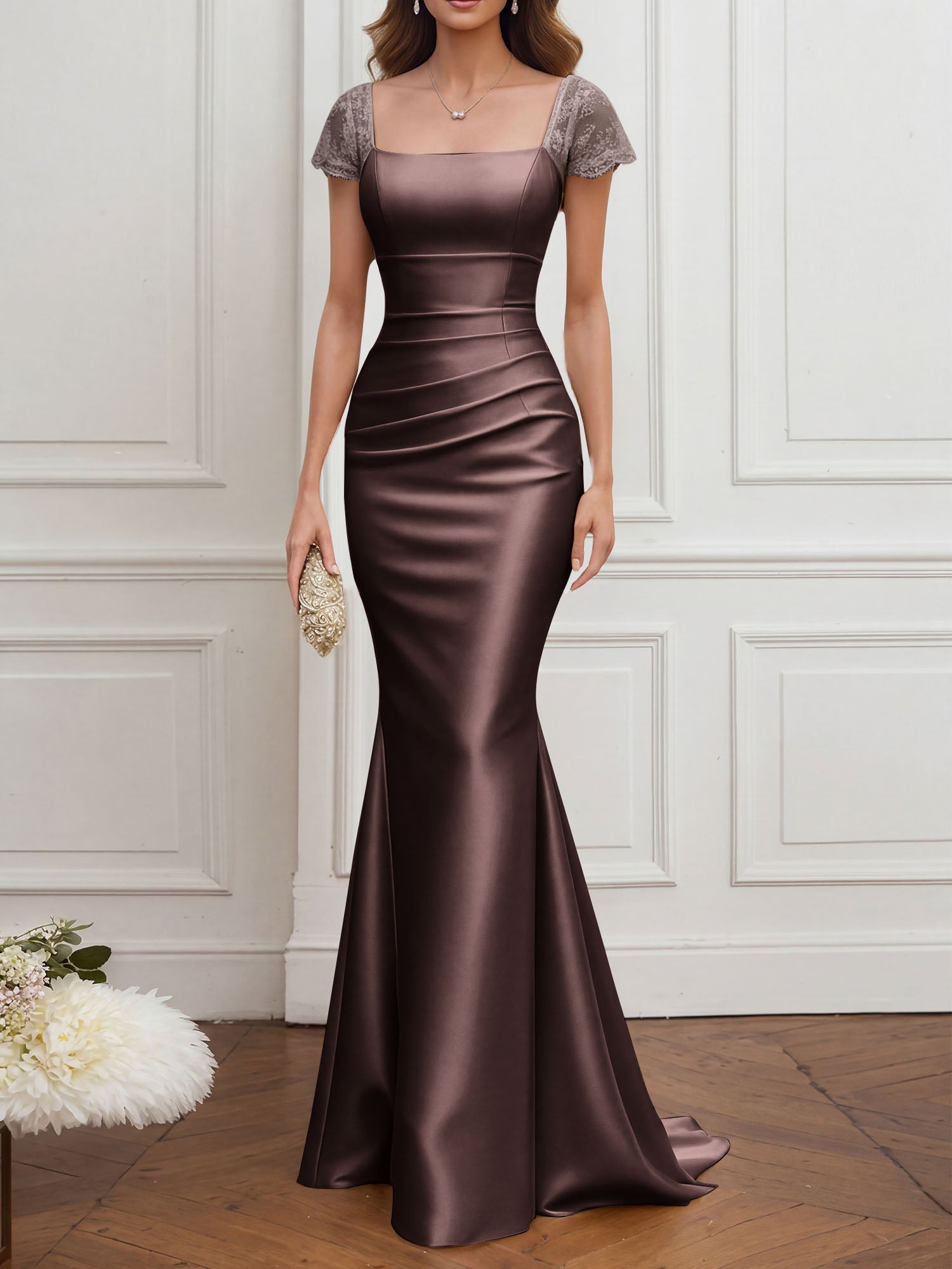 Mother of the Bride Dress Champagne Satin Square Neck Maxi Dress