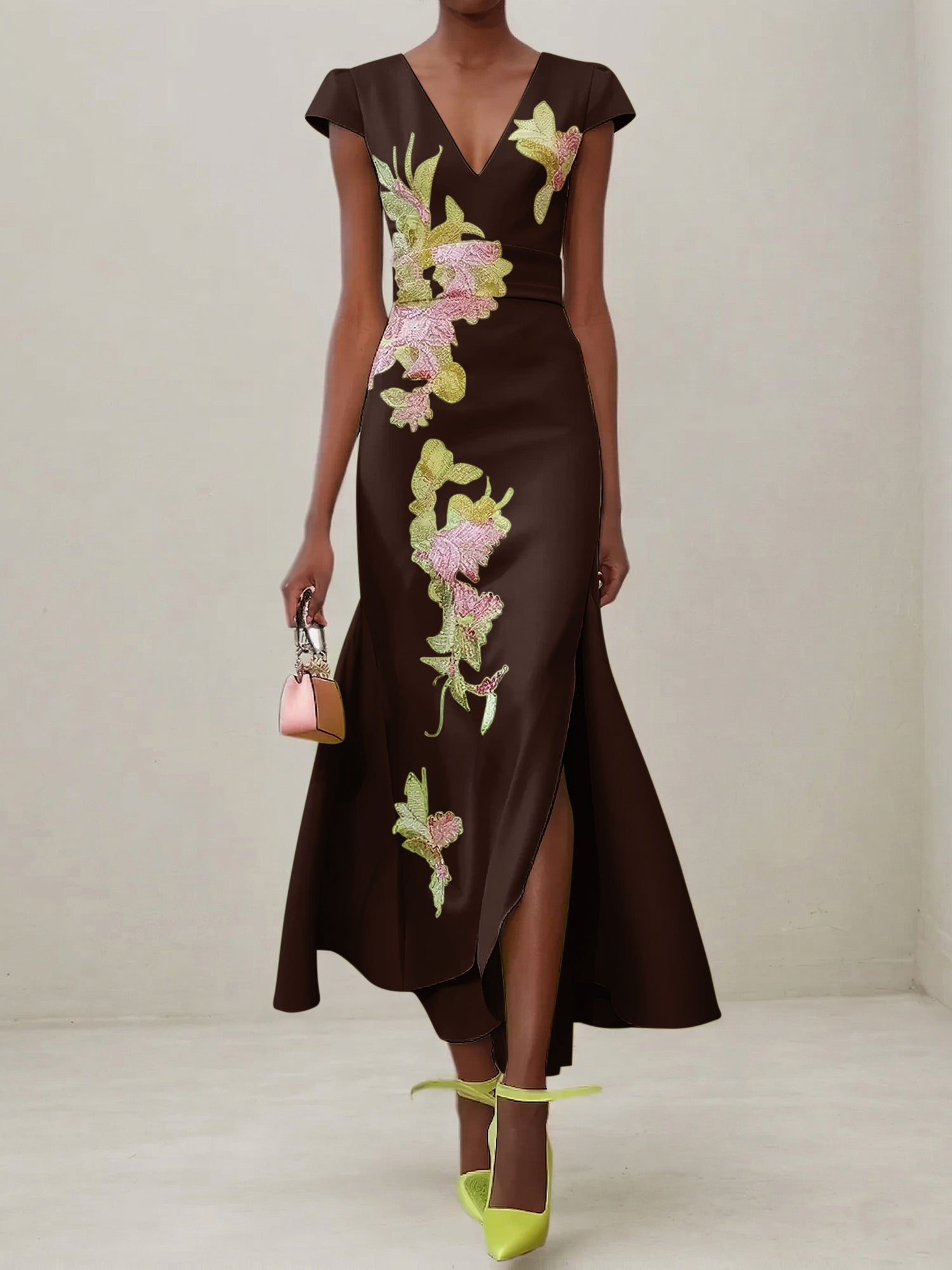 Green Floral V Neck Embroidered Cap Sleeve Slit Sheath Maxi Dress