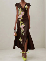 Green Floral V Neck Embroidered Cap Sleeve Slit Sheath Maxi Dress