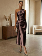 Champagne Ruched Satin One Shoulder Sleeveless Sheath Midi Dress
