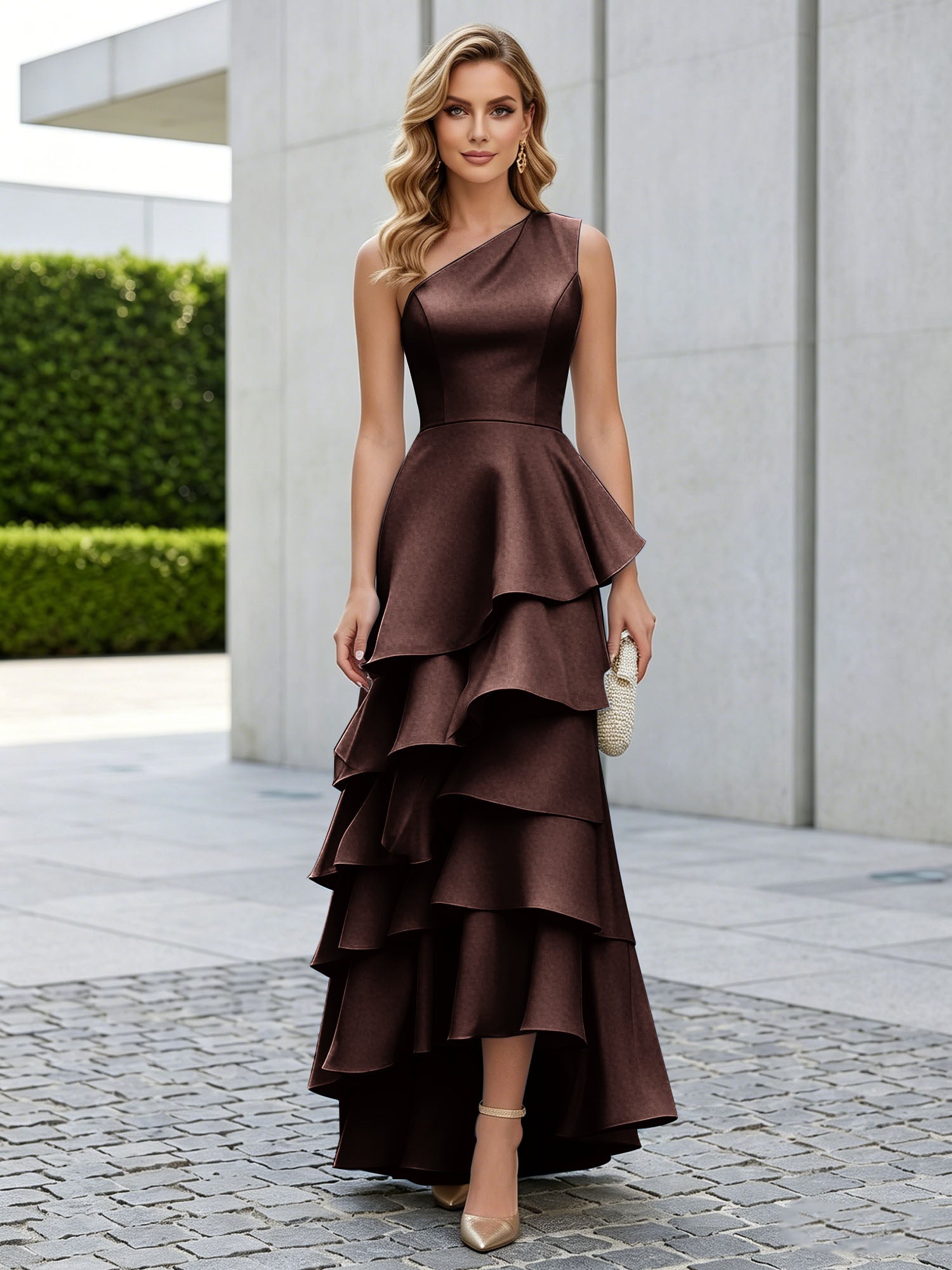 One Shoulder Tiered Ruffle Satin Mermaid Evening Gown with Sculptural Layers