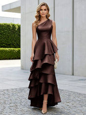 One Shoulder Tiered Ruffle Satin Mermaid Evening Gown with Sculptural Layers