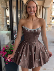 Sparkly Satin A Line Short Corset Homecoming Dress with Rhinestones