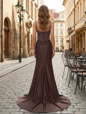 Purple Mermaid Spaghetti Straps Satin Long Corset Appliqued Prom Dress