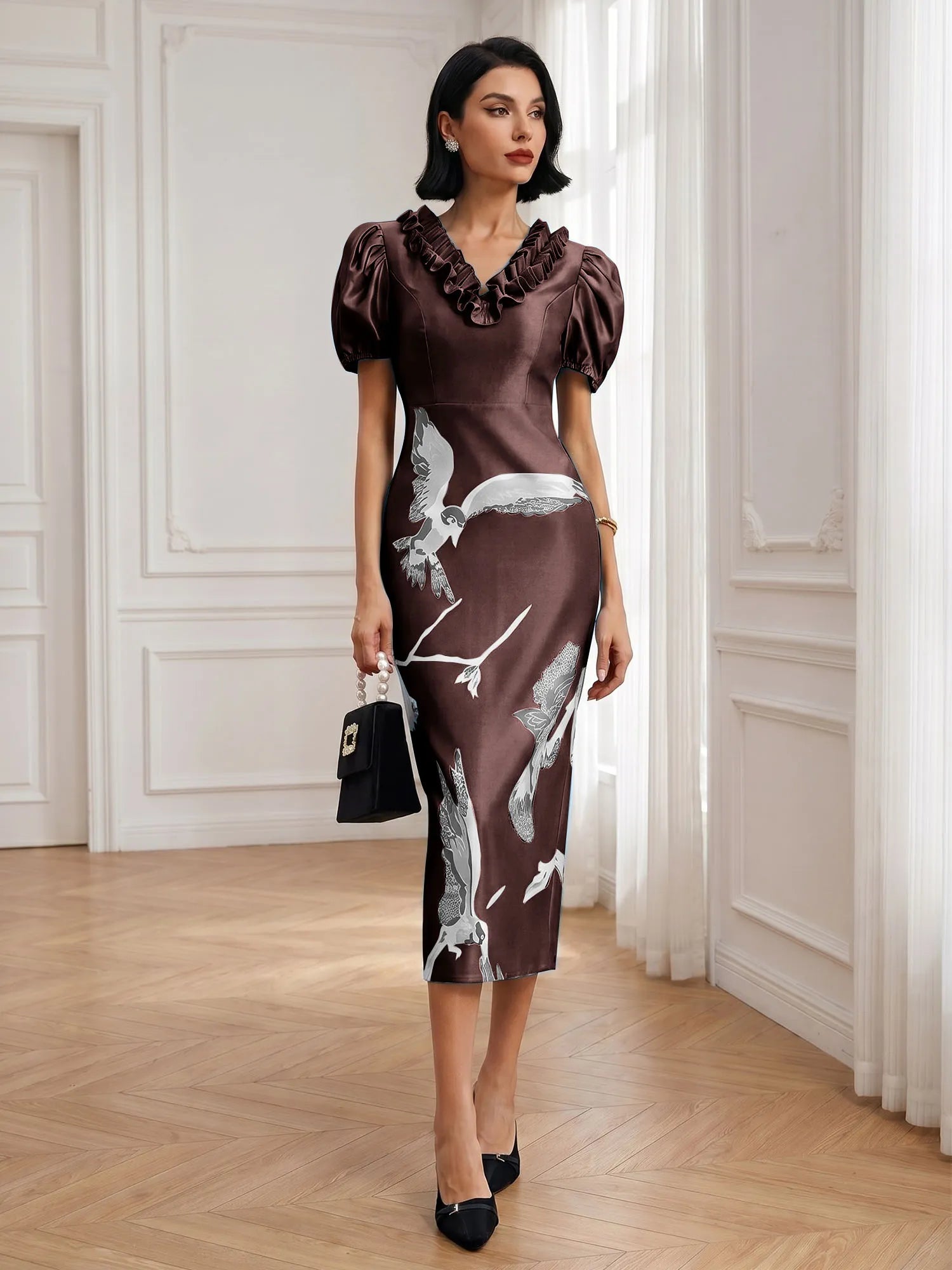 Black Folds V Neck Puff Sleeve Midi Sheath Dress