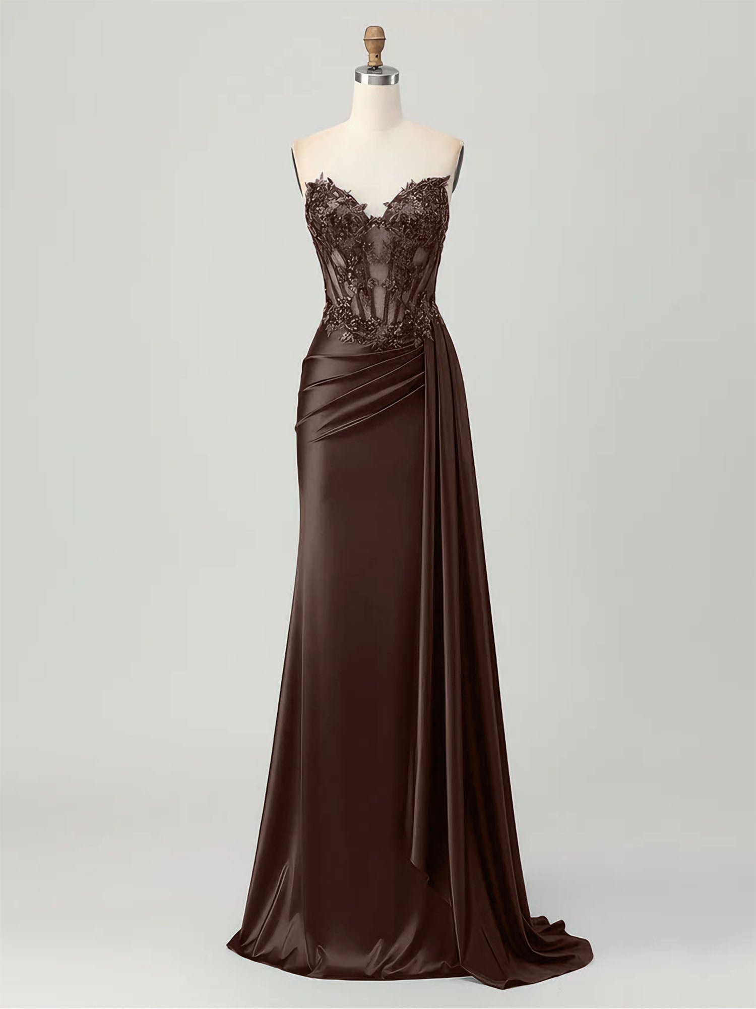 Strapless Illusion Bodice Prom Dress with Satin Skirt