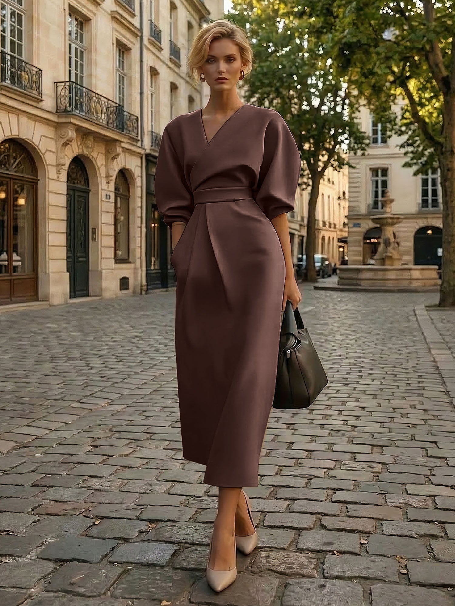 Sophisticated Camel V-Neck Balloon Sleeve Midi Dress Evening Gown