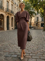 Sophisticated Camel V-Neck Balloon Sleeve Midi Dress Evening Gown