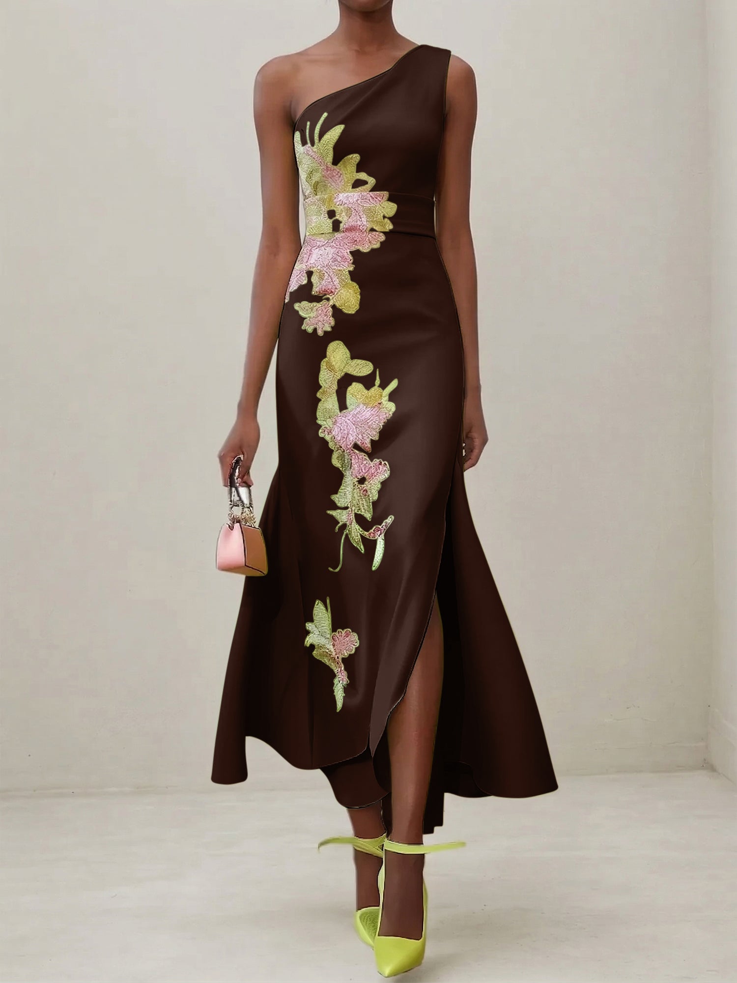 Green Floral One Shoulder Embroidered Cap Sleeve Slit Sheath Maxi Dress