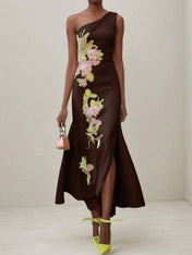 Green Floral One Shoulder Embroidered Cap Sleeve Slit Sheath Maxi Dress