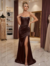 Burgundy Satin Corset Rhinestone Trim Floor-Length Prom Dress with Thigh Slit