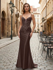 Purple Mermaid Spaghetti Straps Satin Long Corset Appliqued Prom Dress