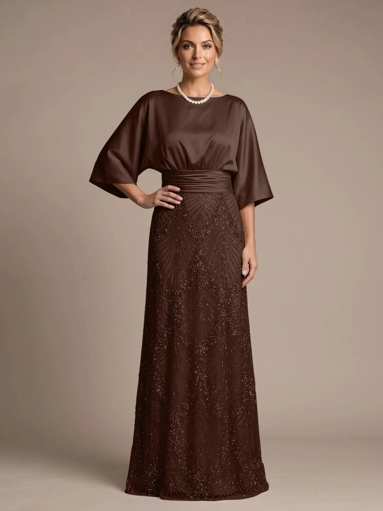 Bateau Neck Satin Evening Gown with 3/4 Batwing Sleeves Mother of The Bride Dresses