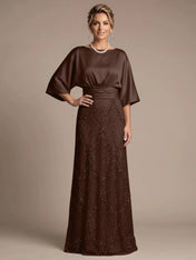 Bateau Neck Satin Evening Gown with 3/4 Batwing Sleeves Mother of The Bride Dresses