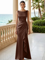 Dusty Blue Scoop Neck Evening Dress with Ruffle Mermaid Maxi Dress