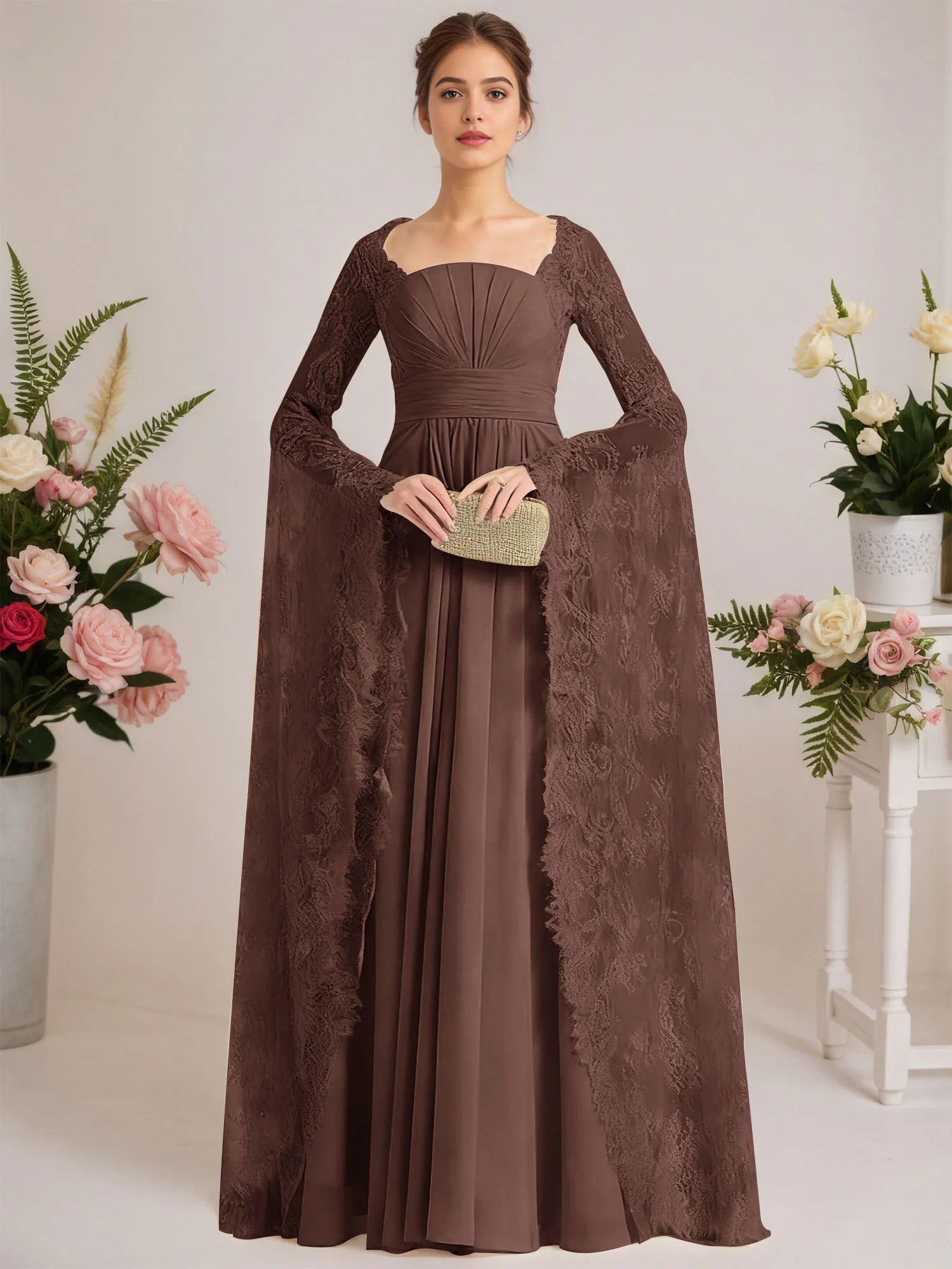 A-line Square Floor-Length Chiffon Lace Evening Dress With Beading Pleated
