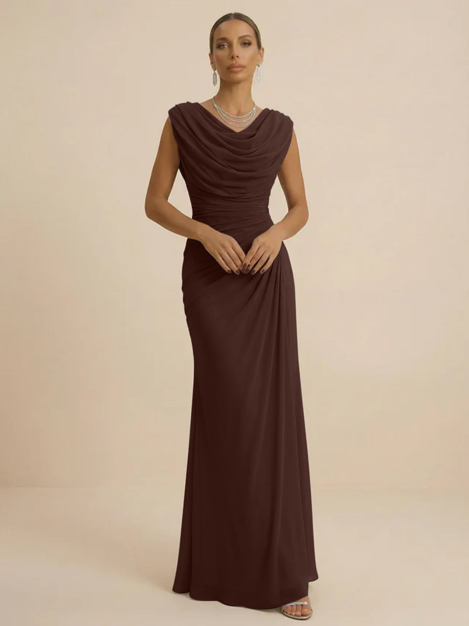 Dusty Grey Draped Cowl Neck Ruched Chiffon Evening Dresses