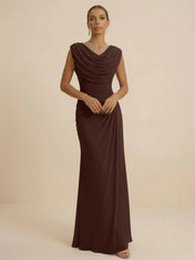 Dusty Grey Draped Cowl Neck Ruched Chiffon Evening Dresses
