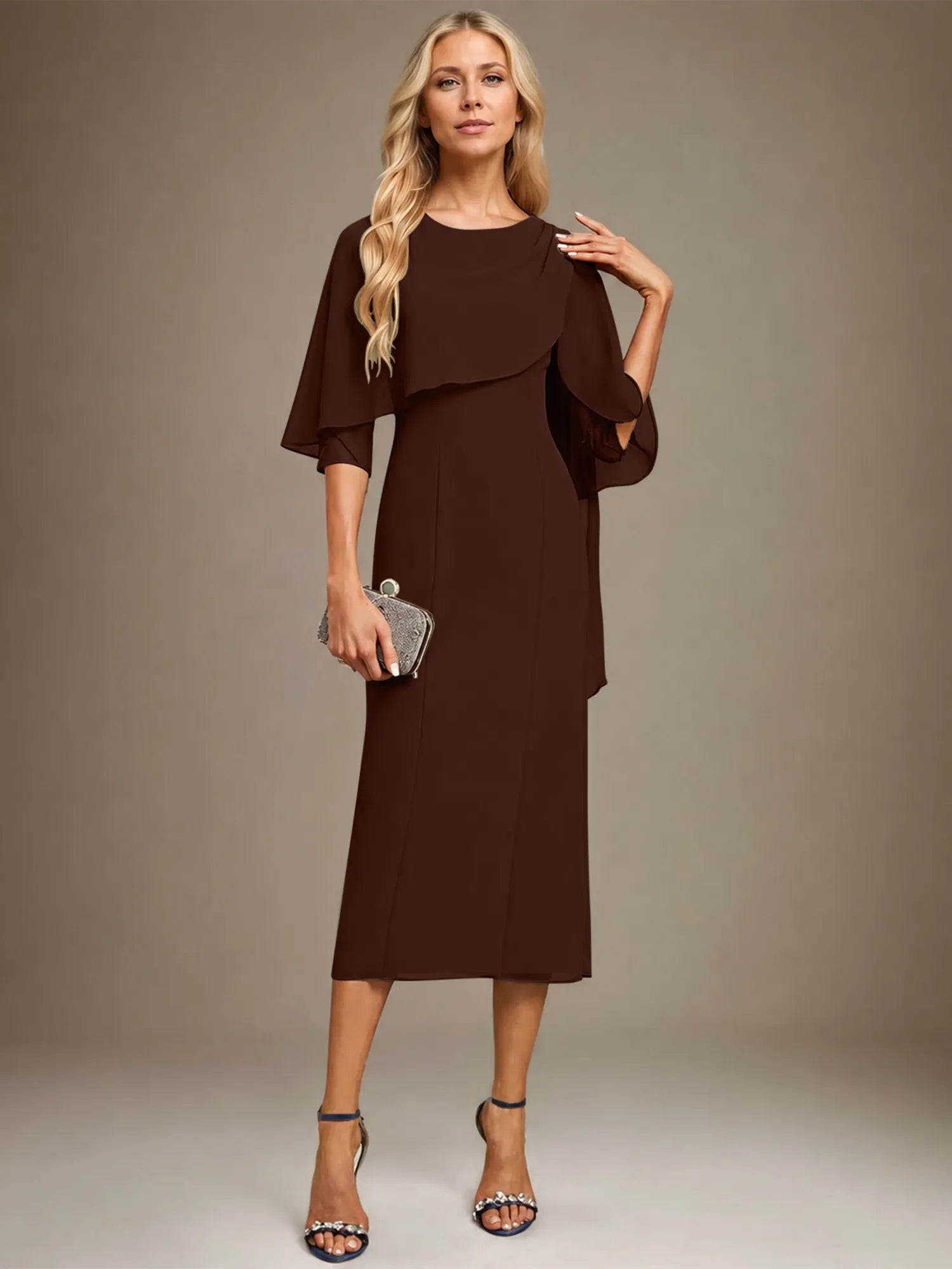 Sheath/Column Scoop Tea Length Chiffon Dress With Pleated Beading