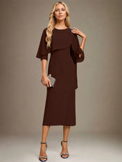 Sheath/Column Scoop Tea Length Chiffon Dress With Pleated Beading