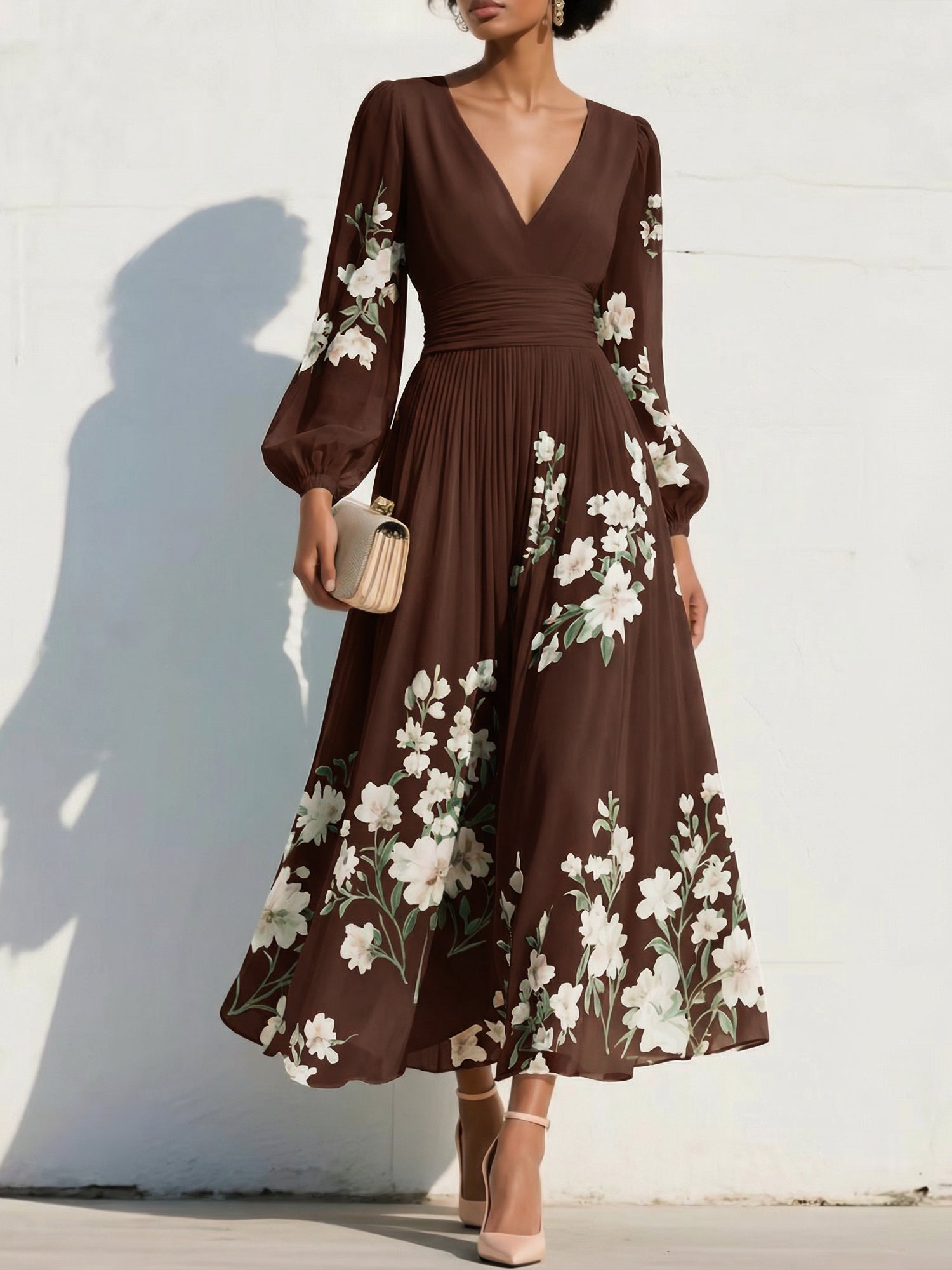Elegant Floral V-Neck Pleated Midi Dress with Long Sleeves
