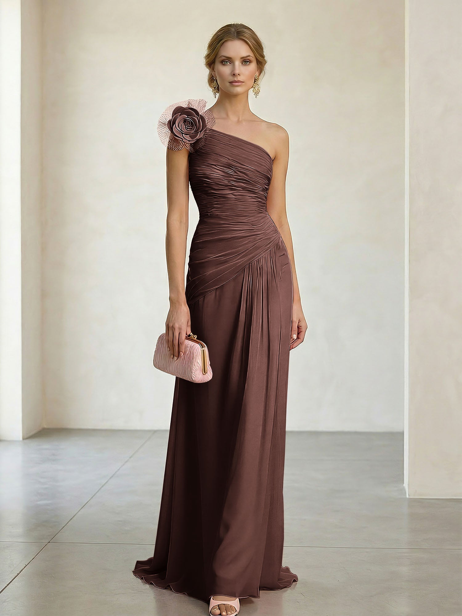 Blush Pink One-Shoulder Ruched 3D Floral Gown Dress