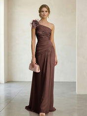 Blush Pink One-Shoulder Ruched 3D Floral Gown Dress