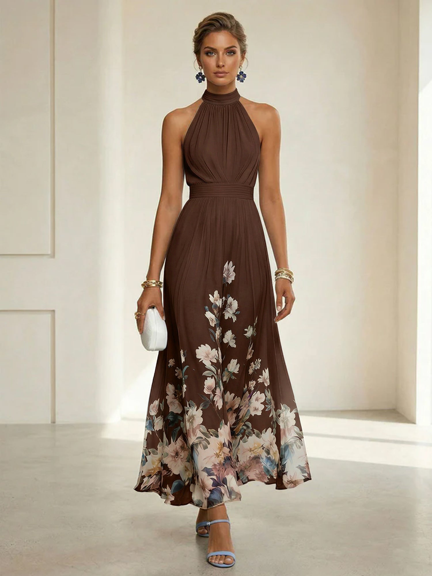 Light Blue Floral Chiffon Halter Sleeveless A-Line Maxi Dress Gown