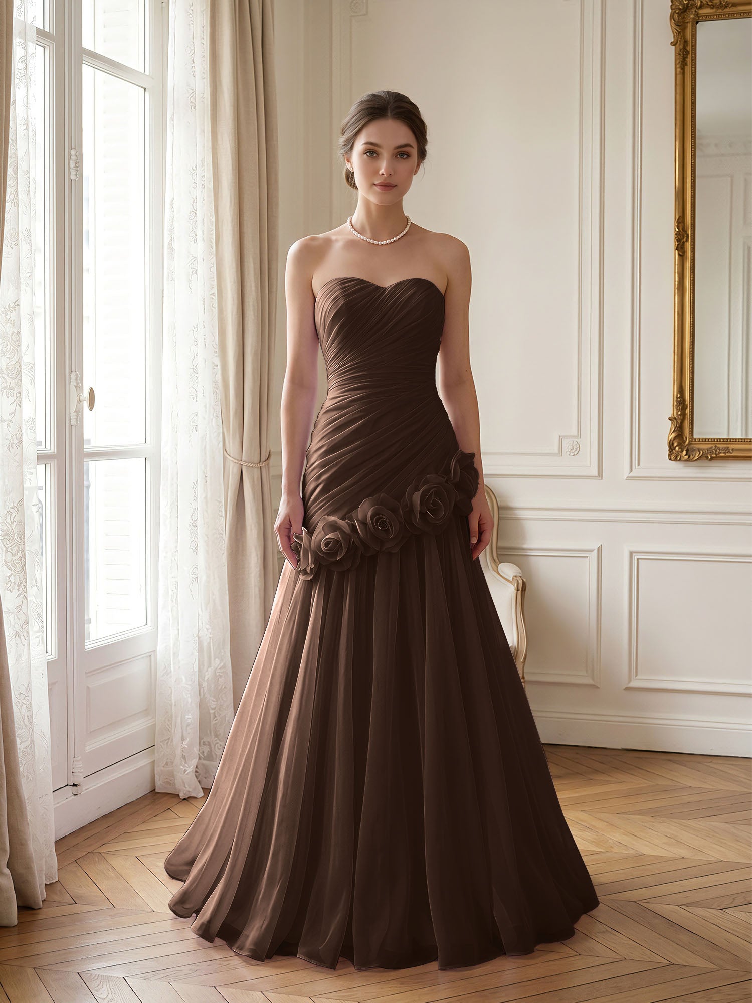 Lilac 3D Rosette Strapless Chiffon Evening Formal Gown Wedding Guest Dress