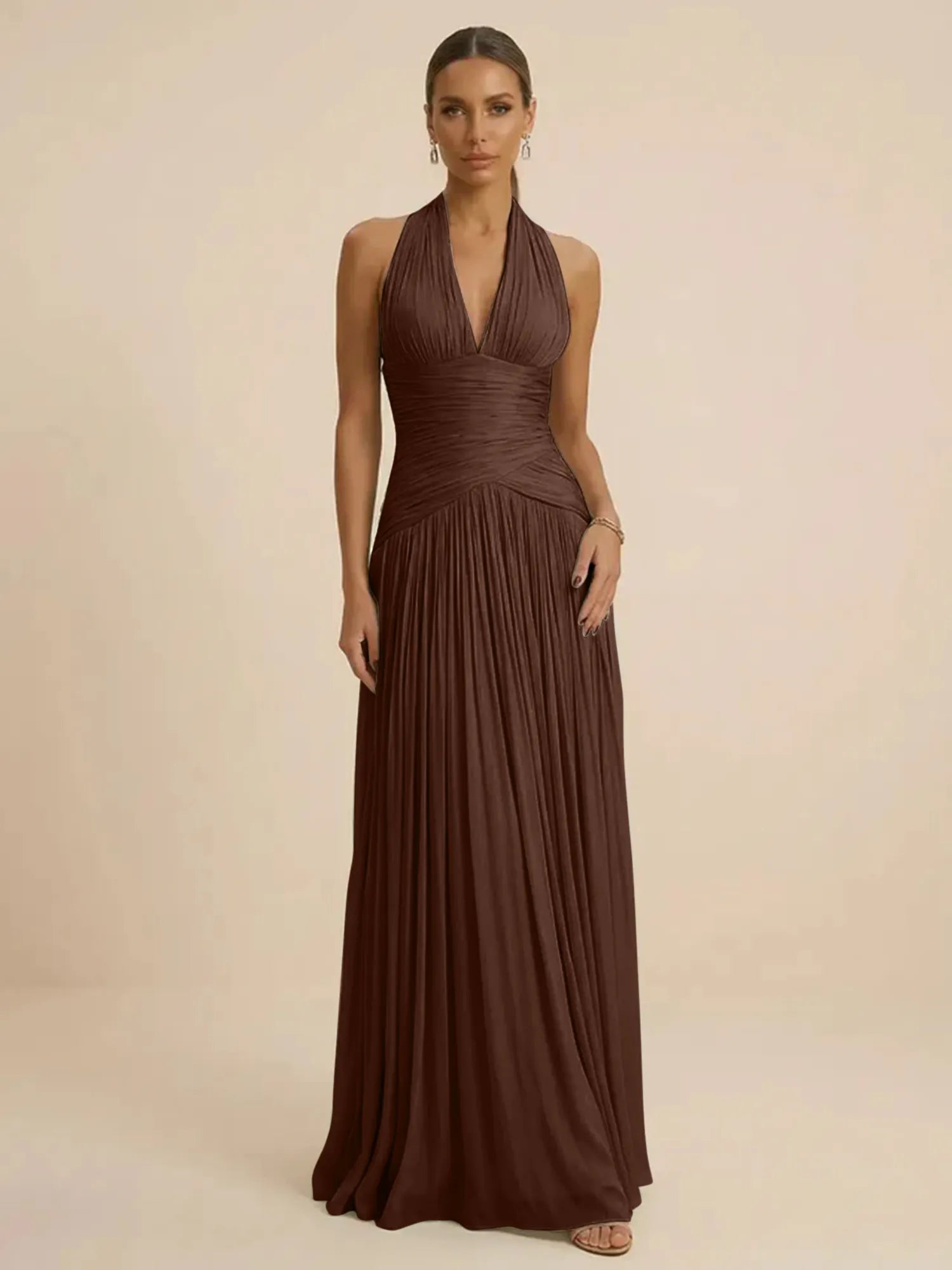 Sage Green Halter Neck Pleated Chiffon Evening Gown with Ruched