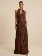 Sage Green Halter Neck Pleated Chiffon Evening Gown with Ruched