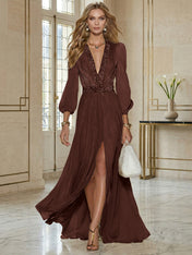 Elegant Beige Chiffon V-neck With Rhinestone Embellishments And A Side Slit Maxi Dress