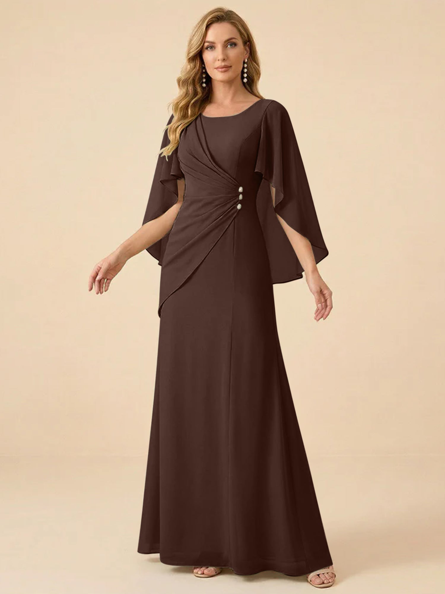 Sage Green Chiffon Beaded Mother of the Bride Dress with Cape Sleeves