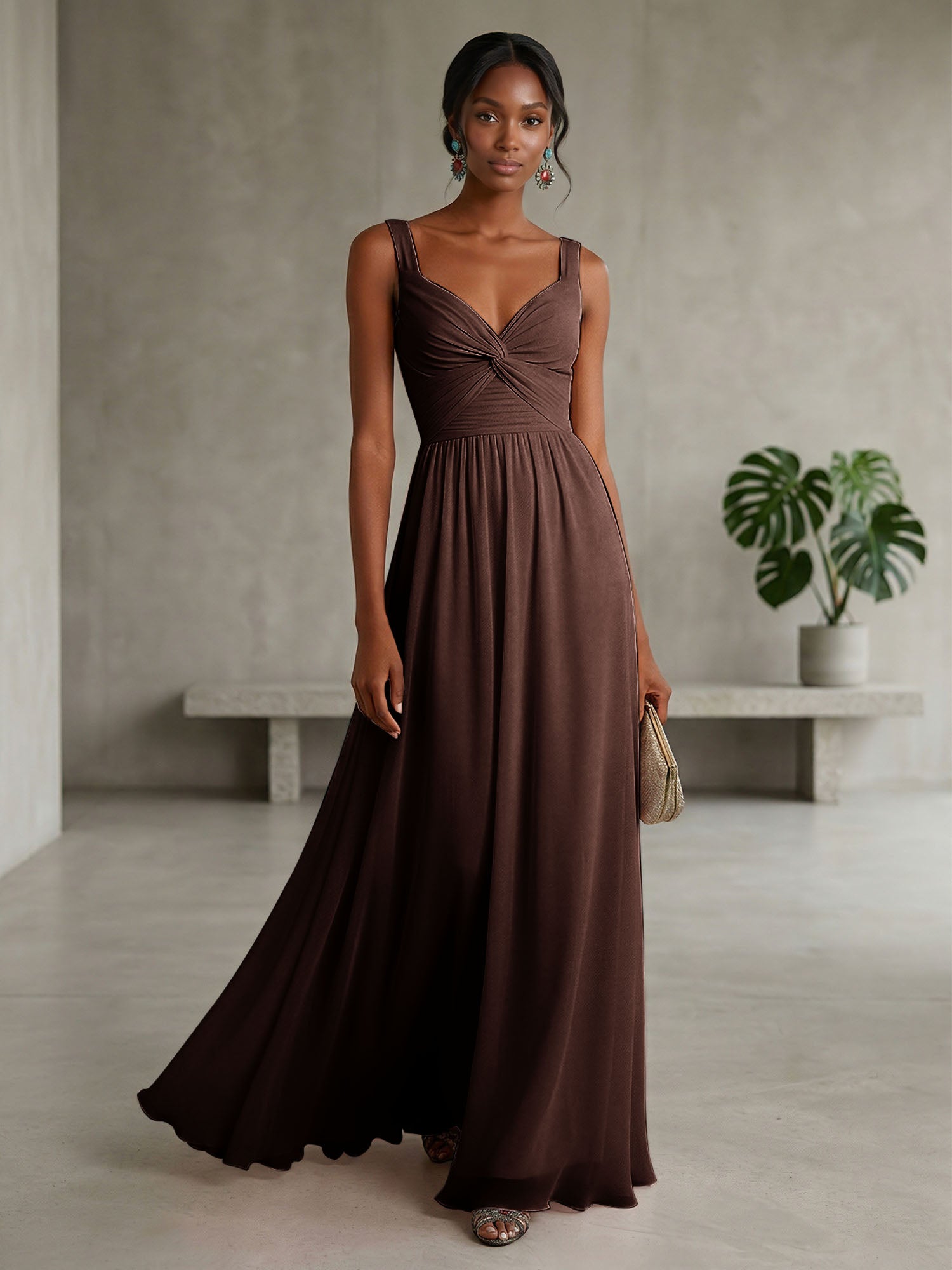 Elegant Soft Blush Twist-Front Chiffon Maxi Gown
