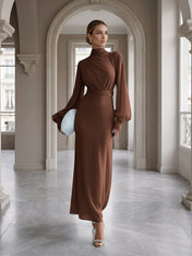 Ice Blue High-Neck Bishop Sleeve Gown Foraml Evening Dress