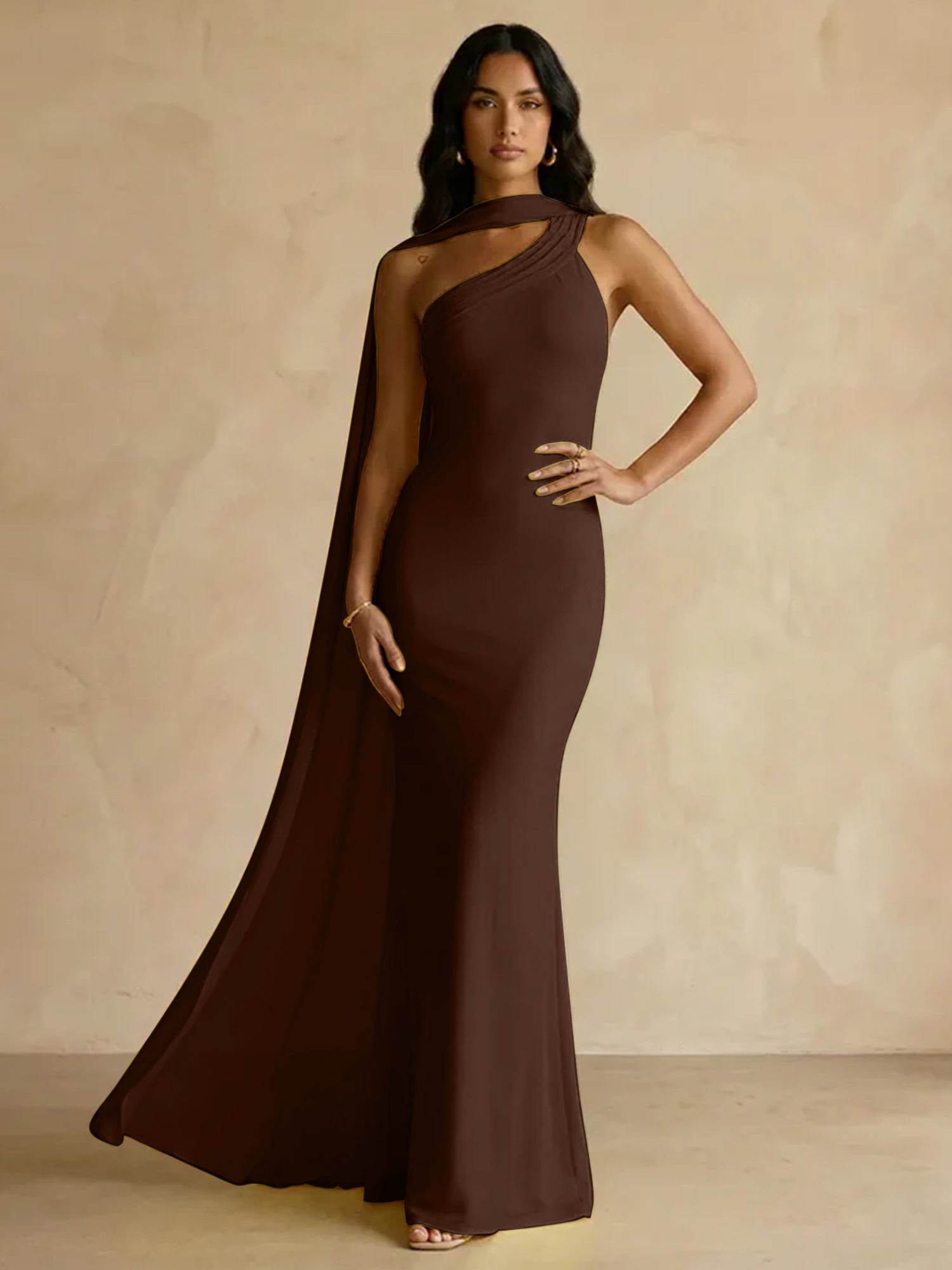 Yellow One-Shoulder Crepe Sheath Gown with Flowing Chiffon Cape Train