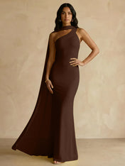 Yellow One-Shoulder Crepe Sheath Gown with Flowing Chiffon Cape Train