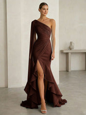 Glamorous Midnight Navy Formal Evening Dress One-Shoulder Ruched Cape Gown