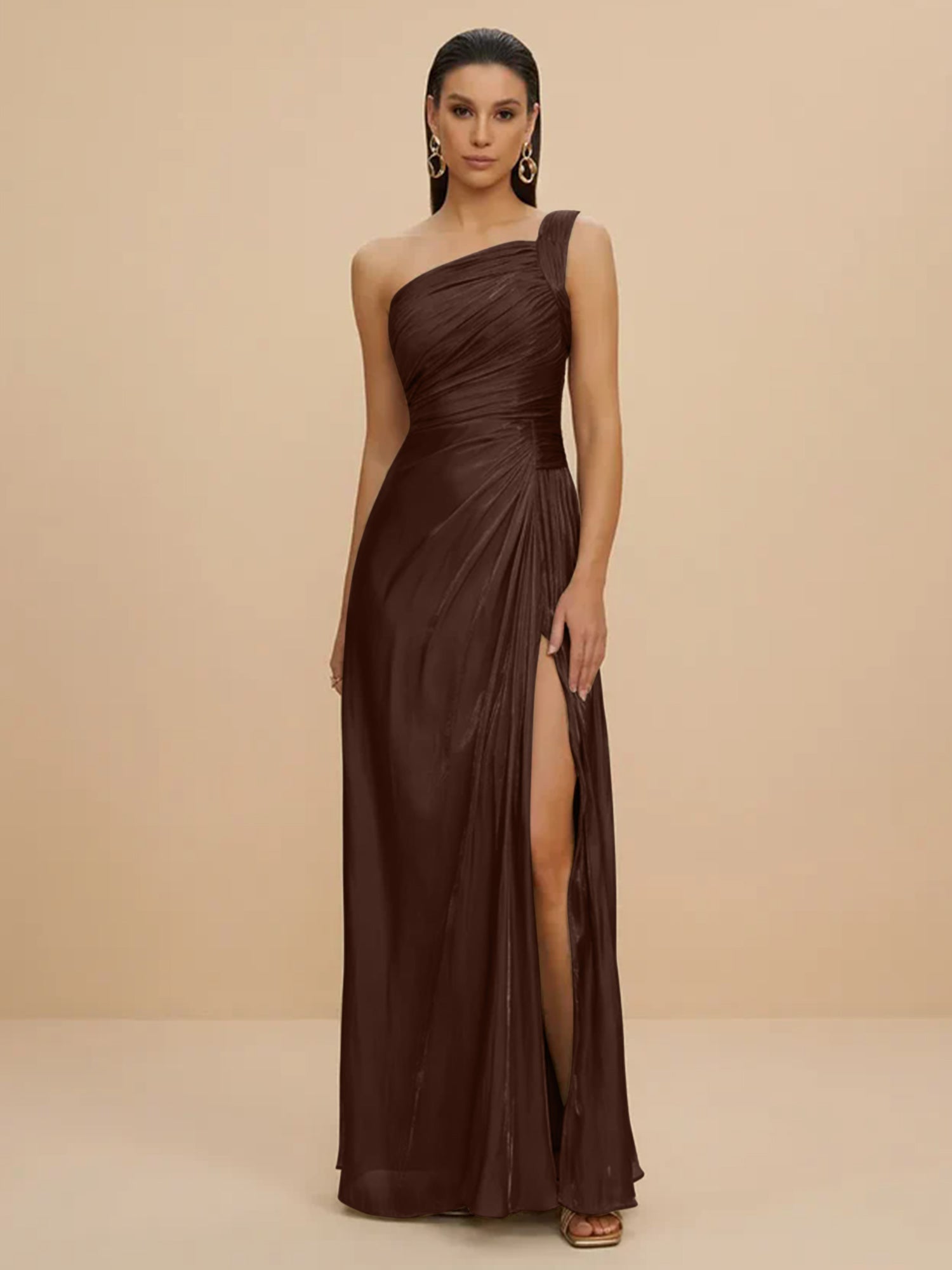 Forma Dress One Shoulder Metallic Pleated Evening Gown with High Slit