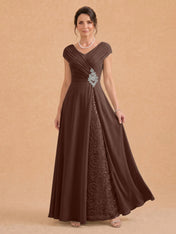 V-Neck Ruched Chiffon A-Line Mother of the Bride Dress with Crystal Brooch