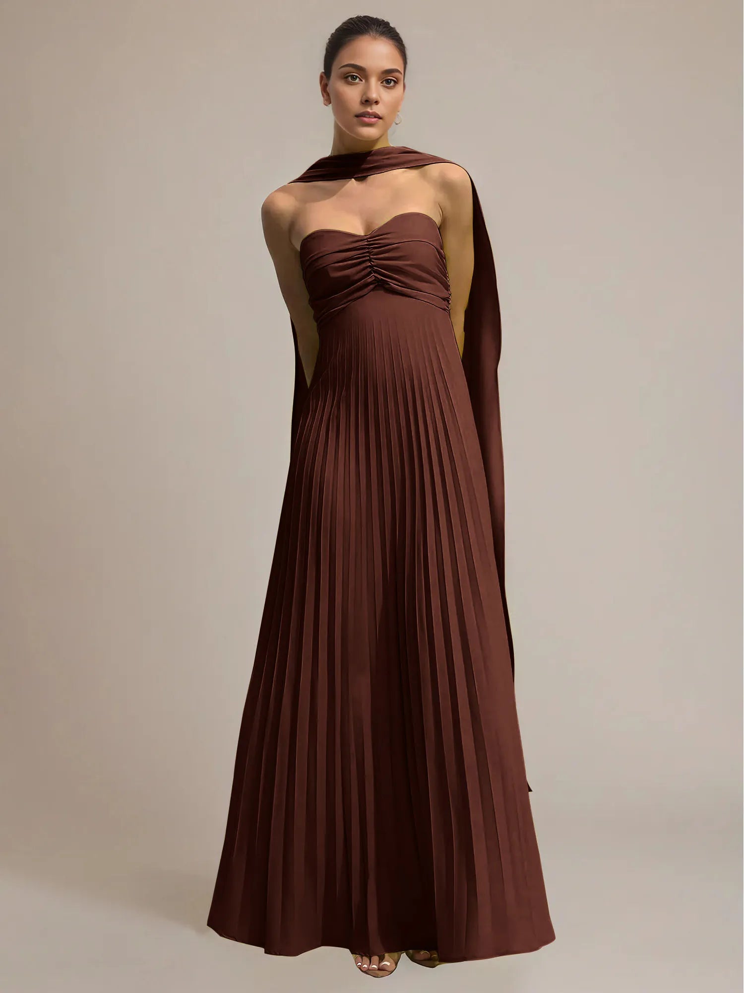 Green Chiffon A Line Off The Shoulder Sleeveless Floor Length Pleated Dress