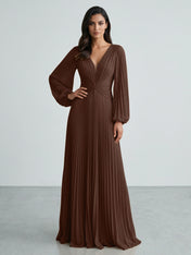 Slate Blue Plunging V-Neck Pleated Long Sleeve Maxi Dress Gown