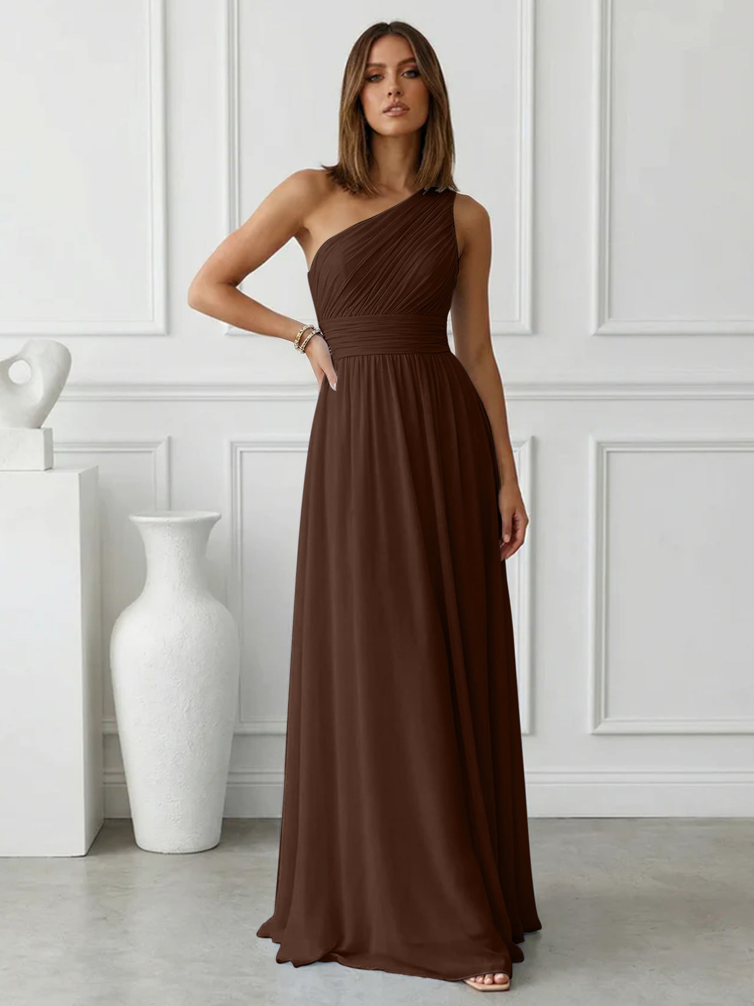 Timeless Light Blue One-Shoulder Maxi Dress Ruched Chiffon Gown