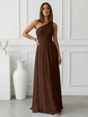 Timeless Light Blue One-Shoulder Maxi Dress Ruched Chiffon Gown
