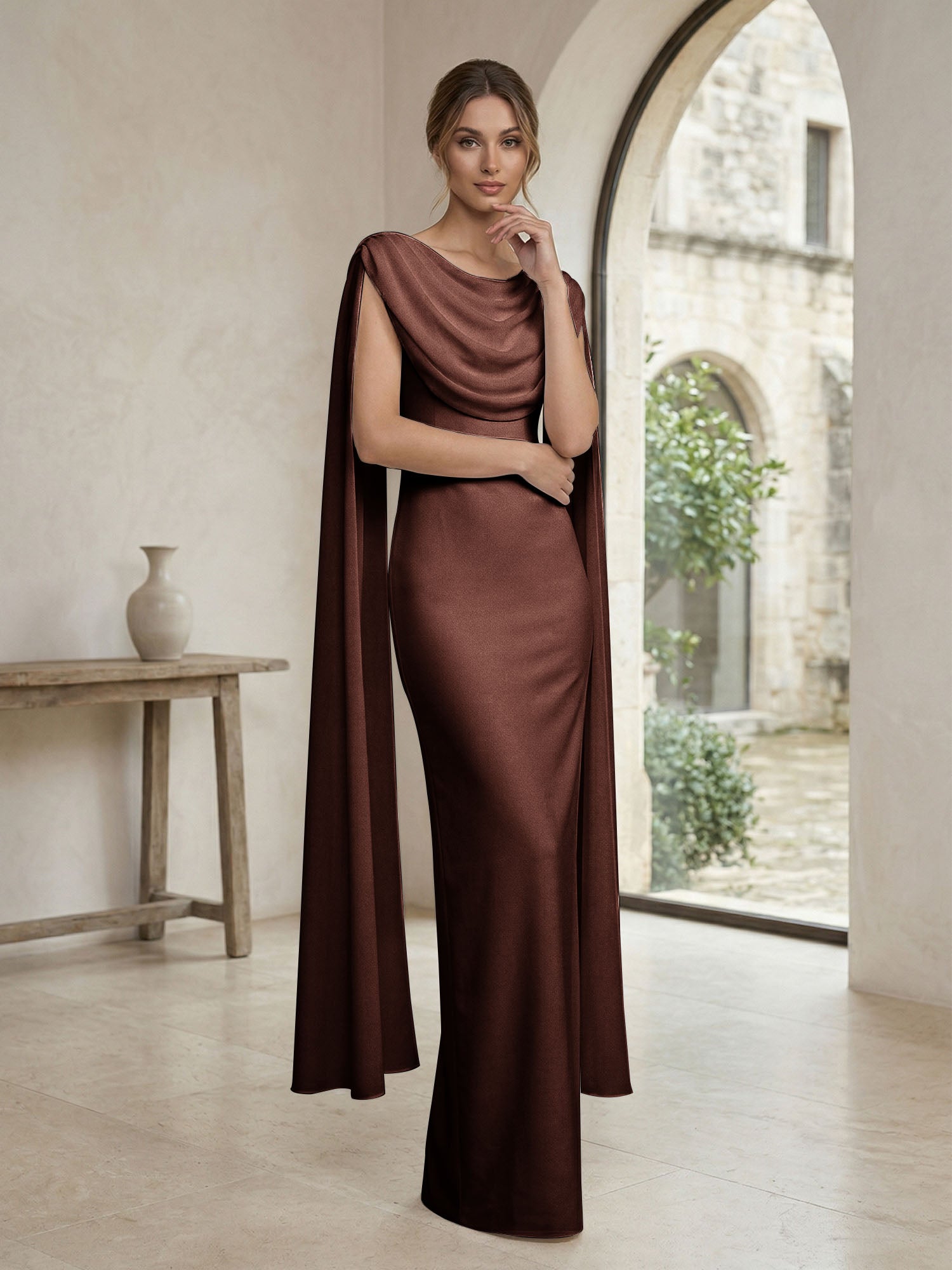 Ivory Draped Cowl Neck Cape Gown Maxi Dress