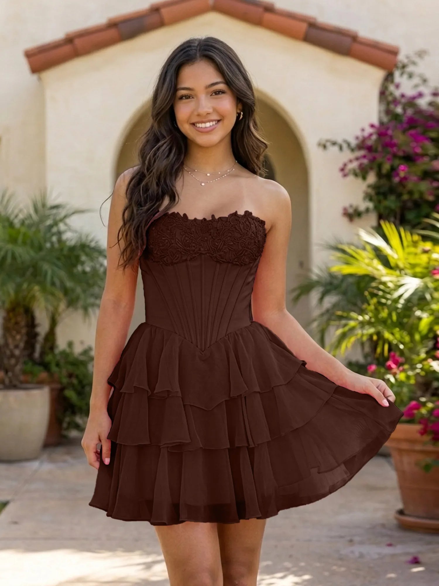 Pink Lace Strapless Corset Mini Dress Tiered Chiffon Skirt Lace Up Back Homecoming Dresses