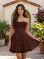 Pink Lace Strapless Corset Mini Dress Tiered Chiffon Skirt Lace Up Back Homecoming Dresses