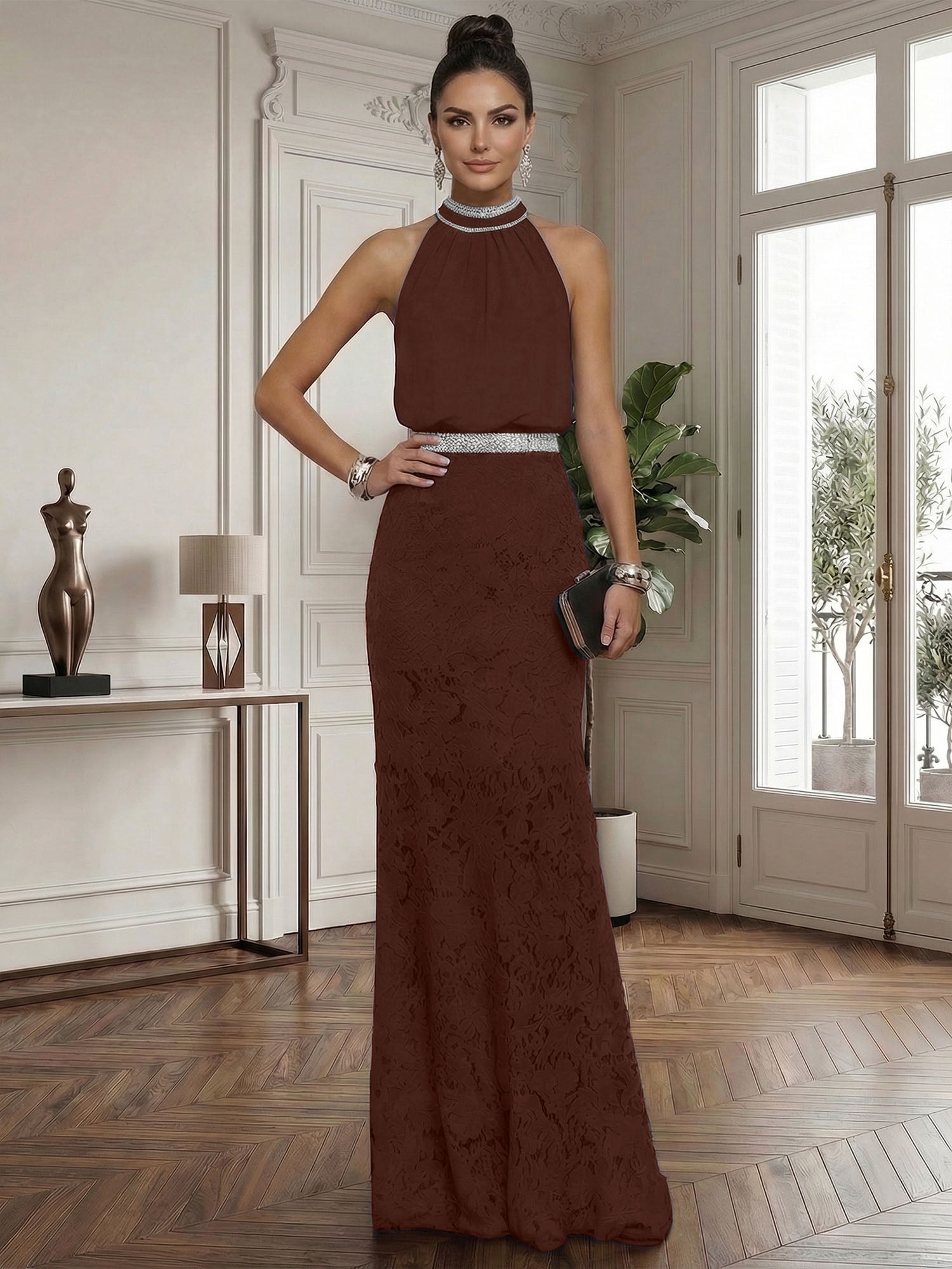 Purplish Rhinestone Ruched Lace Halter Sleeveless Mermaid Gown Dress